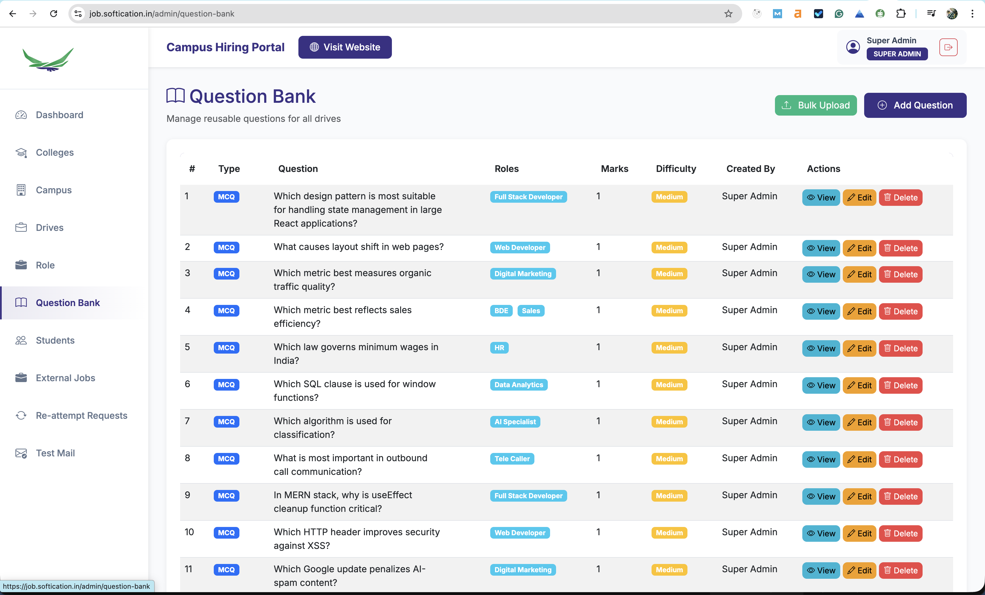 Administrator and HR dashboard for campus drive management