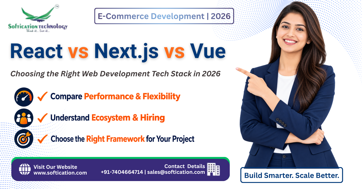 React vs Next.js vs Vue in 2026: How to Choose the Right Web Development Tech Stack - E-Commerce Development article by SoftiCation Technology